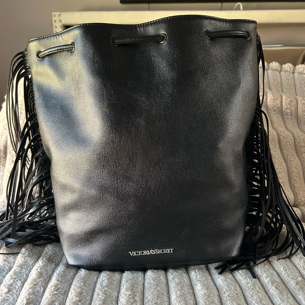 Victorias Secret Black Fringe Bucket Bag Drawstring Crossbody Vegan Leather Boho